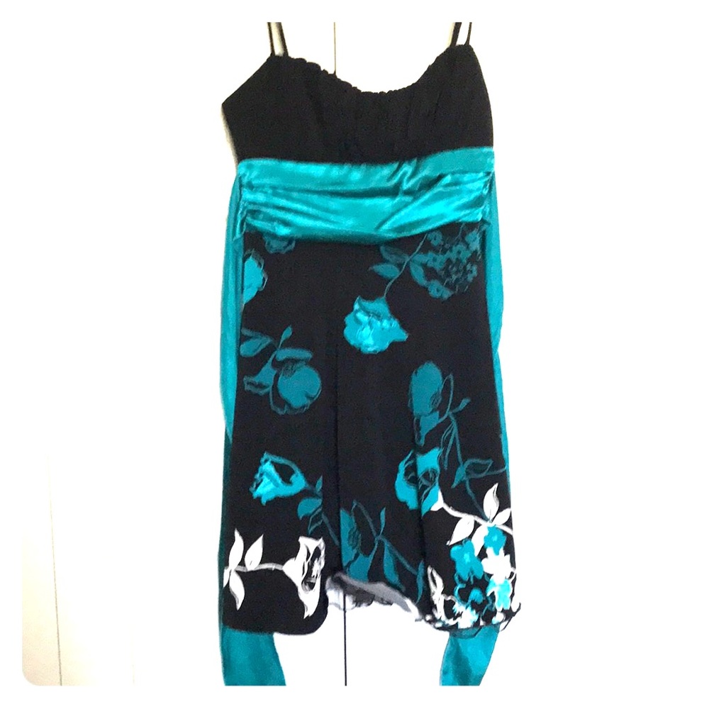 Black and teal spaghetti strapped dress.